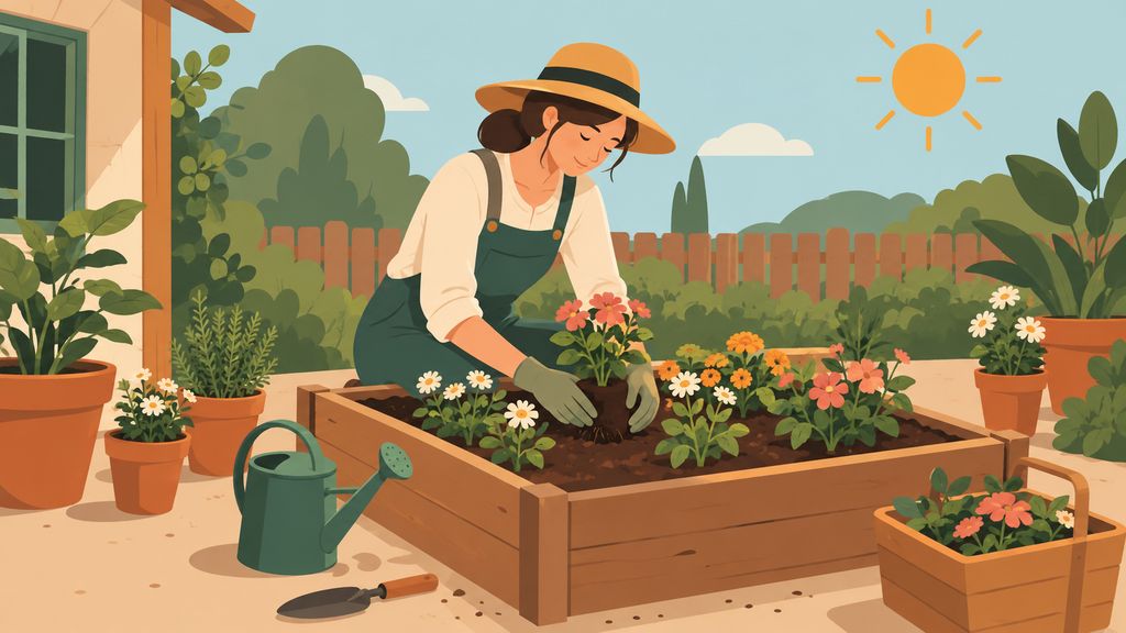 Illustration flat design d'une personne jardinant parmi des plates-bandes en fleurs
